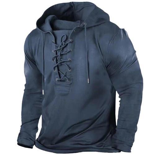 Heren hoodie met vetersluiting, vintage stijl en comfortabele pasvorm. Geschikt voor thema kleding.