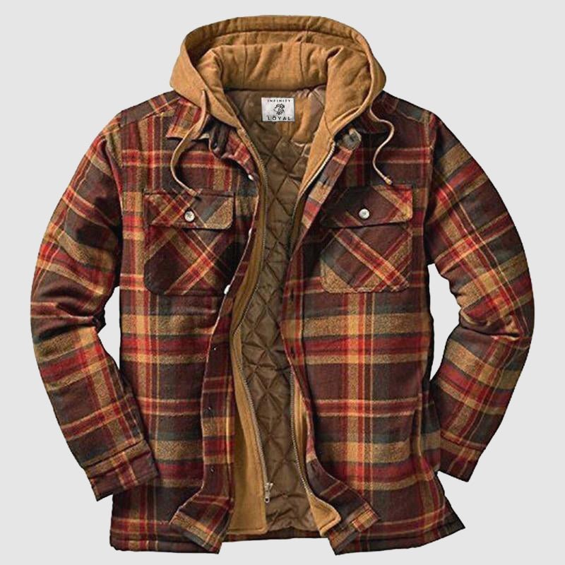 Veelzijdige heren houthakkers jas met capuchon in bruin/zwart ruitpatroon, perfect voor casual herfst- en winterdagen.