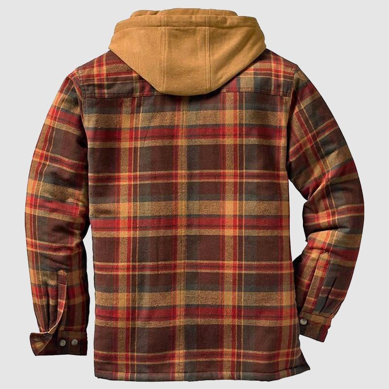Comfortabele oranje geruite houthakkersblouse voor heren, een warme tussenjas met capuchon voor buitenactiviteiten.