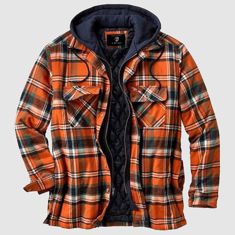 Stijlvolle heren houthakkersblouse met capuchon, warme en casual geruite tussenjas voor herfst en winter.