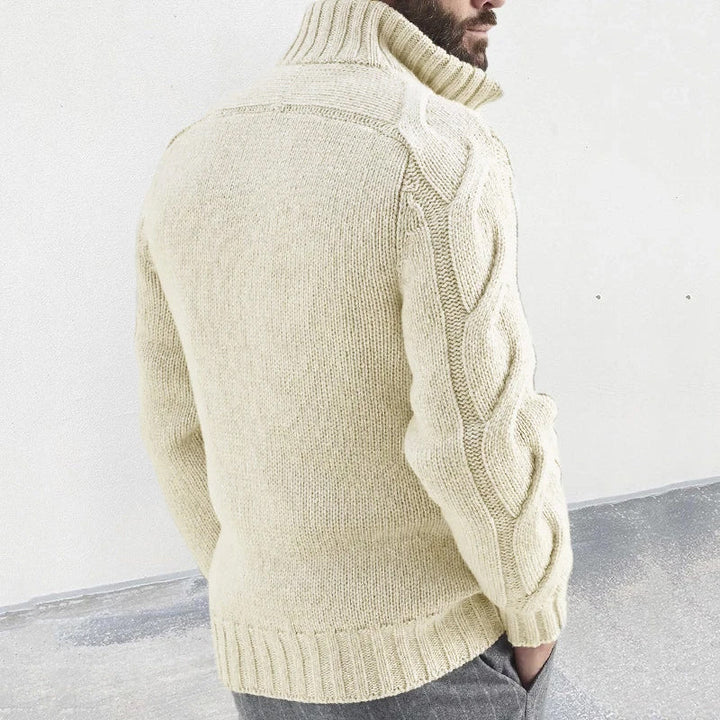 Casual heren kabeltrui met rits aan de hals, dik gebreid, en hoge nek voor extra warmte en stijl.