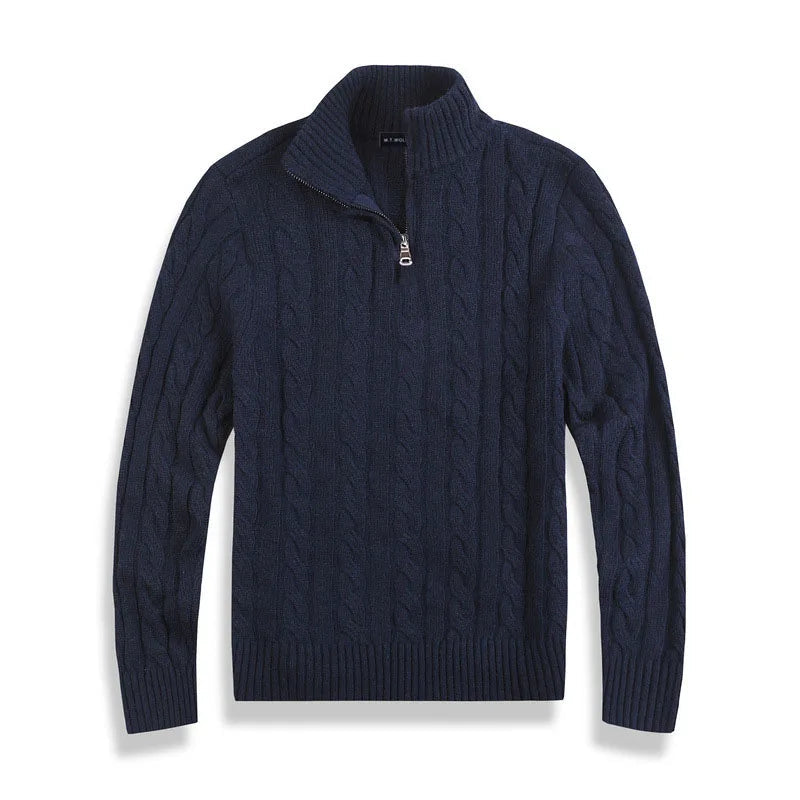 Warme heren wintertrui, een klassieke kabeltrui met moderne halve zip.