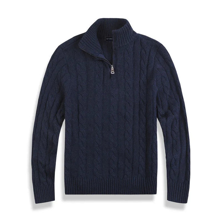 Warme heren wintertrui, een klassieke kabeltrui met moderne halve zip.