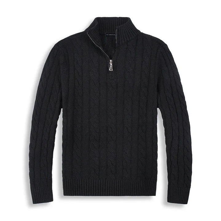Close-up van de zachte stof en gebreide structuur van deze heren pullover.