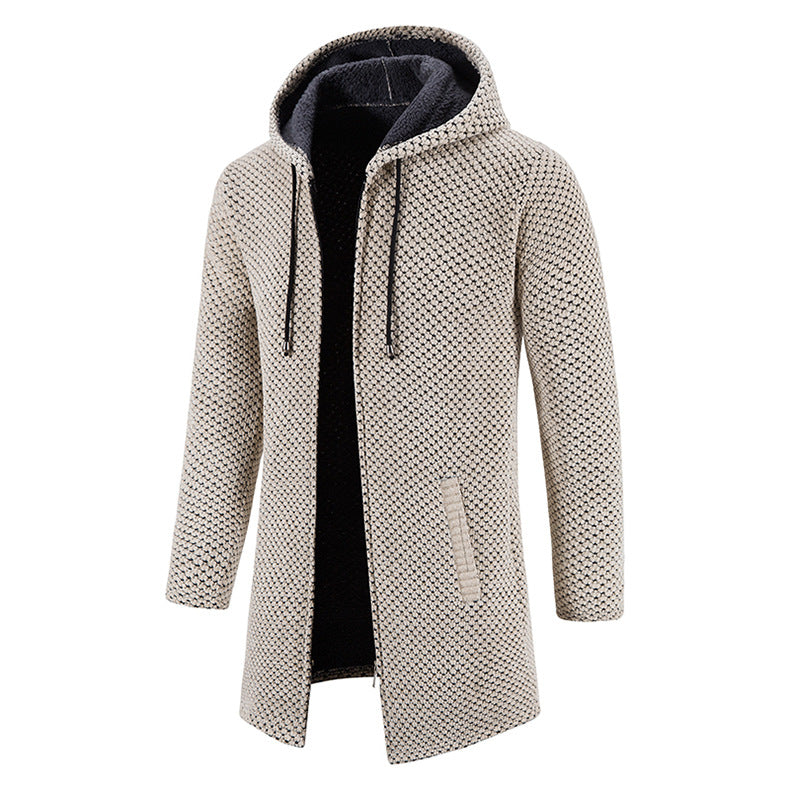 Heren lange gebreide jas met capuchon en ritssluiting, ideaal voor winter en herfst. Stijlvolle en comfortabele herenkleding.
