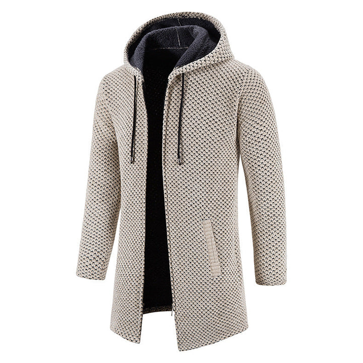 Heren lange gebreide jas met capuchon en ritssluiting, ideaal voor winter en herfst. Stijlvolle en comfortabele herenkleding.