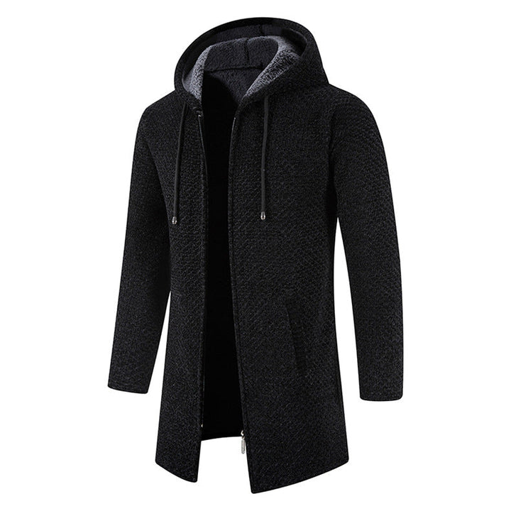 Lange heren gebreide jas met capuchon en ritssluiting. Stijlvolle en comfortabele herenkleding voor de winter.