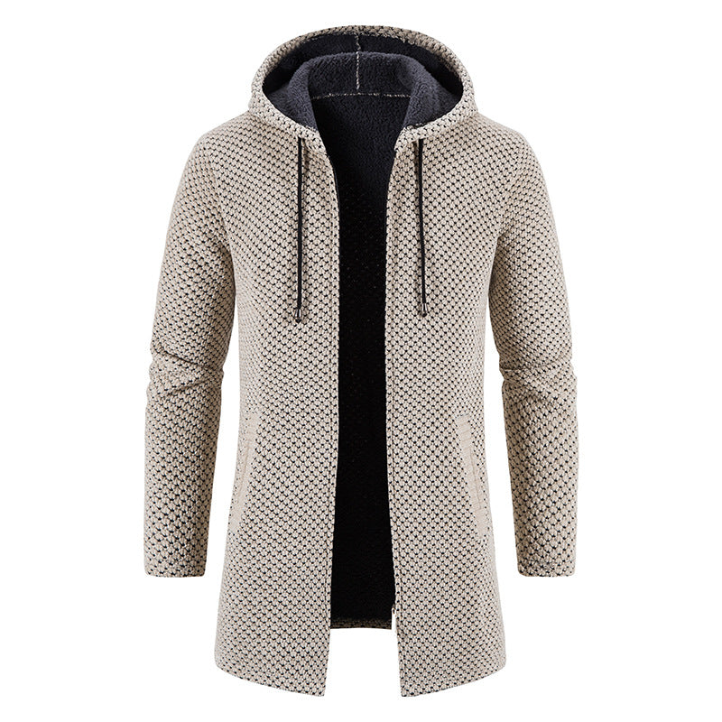 Moderne lange herenjas van gebreid materiaal met capuchon. Perfecte casual winterjas voor herfstmode.