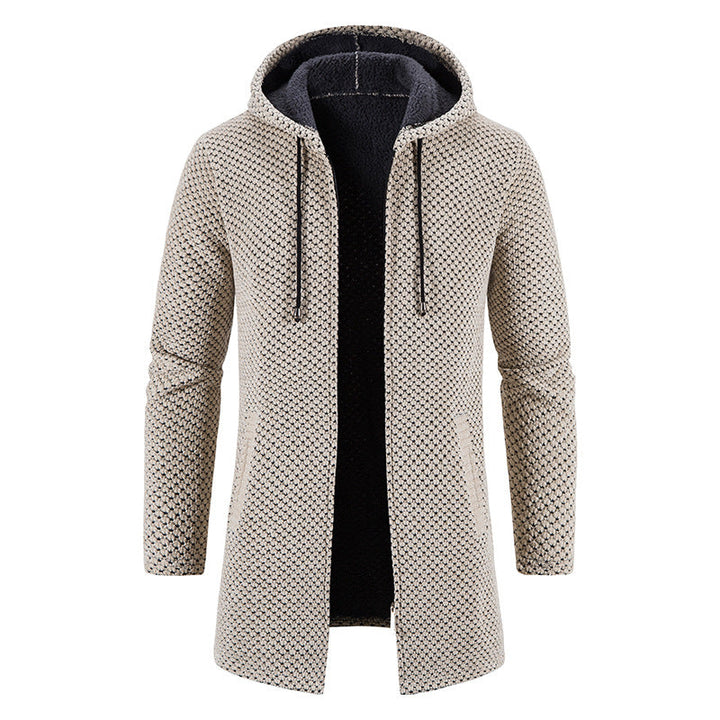 Moderne lange herenjas van gebreid materiaal met capuchon. Perfecte casual winterjas voor herfstmode.