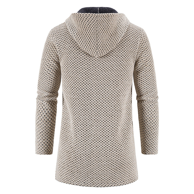 Comfortabele lange gebreide herenjas met ritssluiting en capuchon. Een warme winterjas voor stijlvolle herenkleding.