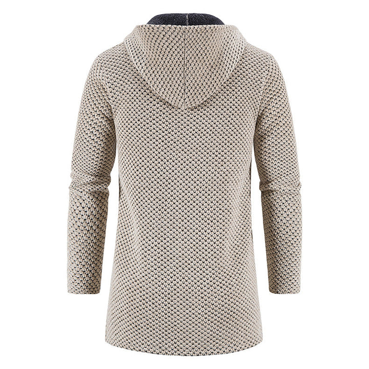 Comfortabele lange gebreide herenjas met ritssluiting en capuchon. Een warme winterjas voor stijlvolle herenkleding.