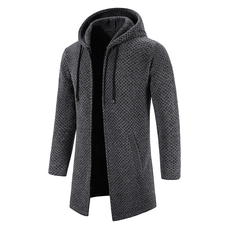 Lange gebreide herenjas met capuchon en ritssluiting. Comfortabele, casual herenjas, perfect voor kouder weer.