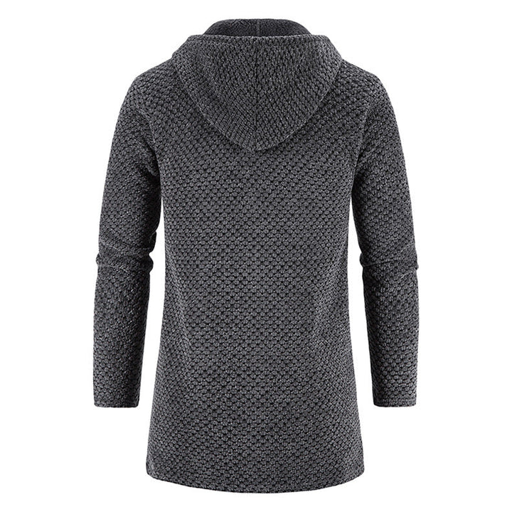 Chique lange gebreide herenjas met capuchon. Deze casual herenjas biedt comfort en stijl voor herfstmode.