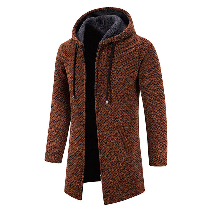 Gebreide heren lange jas met rits en capuchon. Essentiële winterjas en herfstmode voor een moderne look.