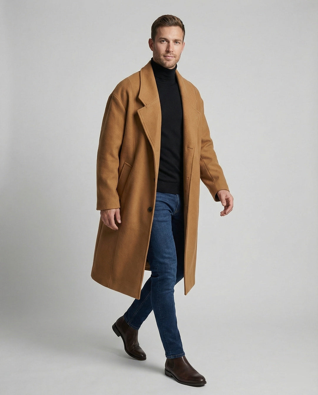 Heren lange rechte jas, elegant en stijlvol, ideaal voor herenmode.