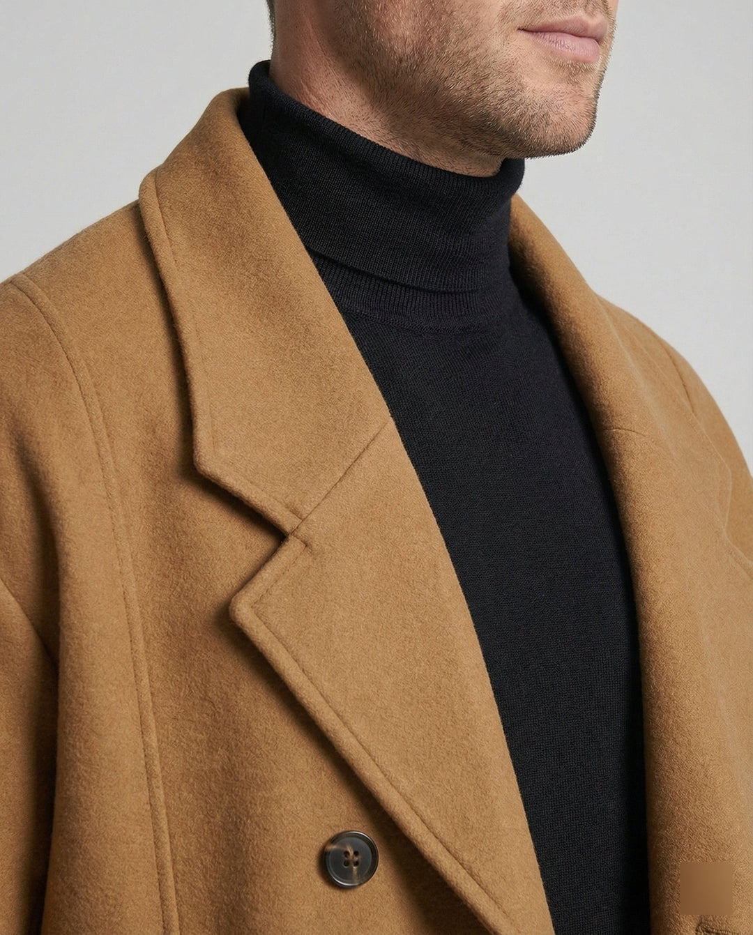 Elegante zwarte herenmantel met recht model, een tijdloze overjas.