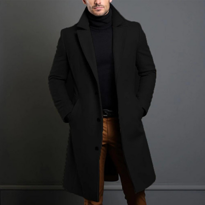 Heren lange trenchcoat in klassiek design, perfect voor stijlvolle herfst- en wintermode.