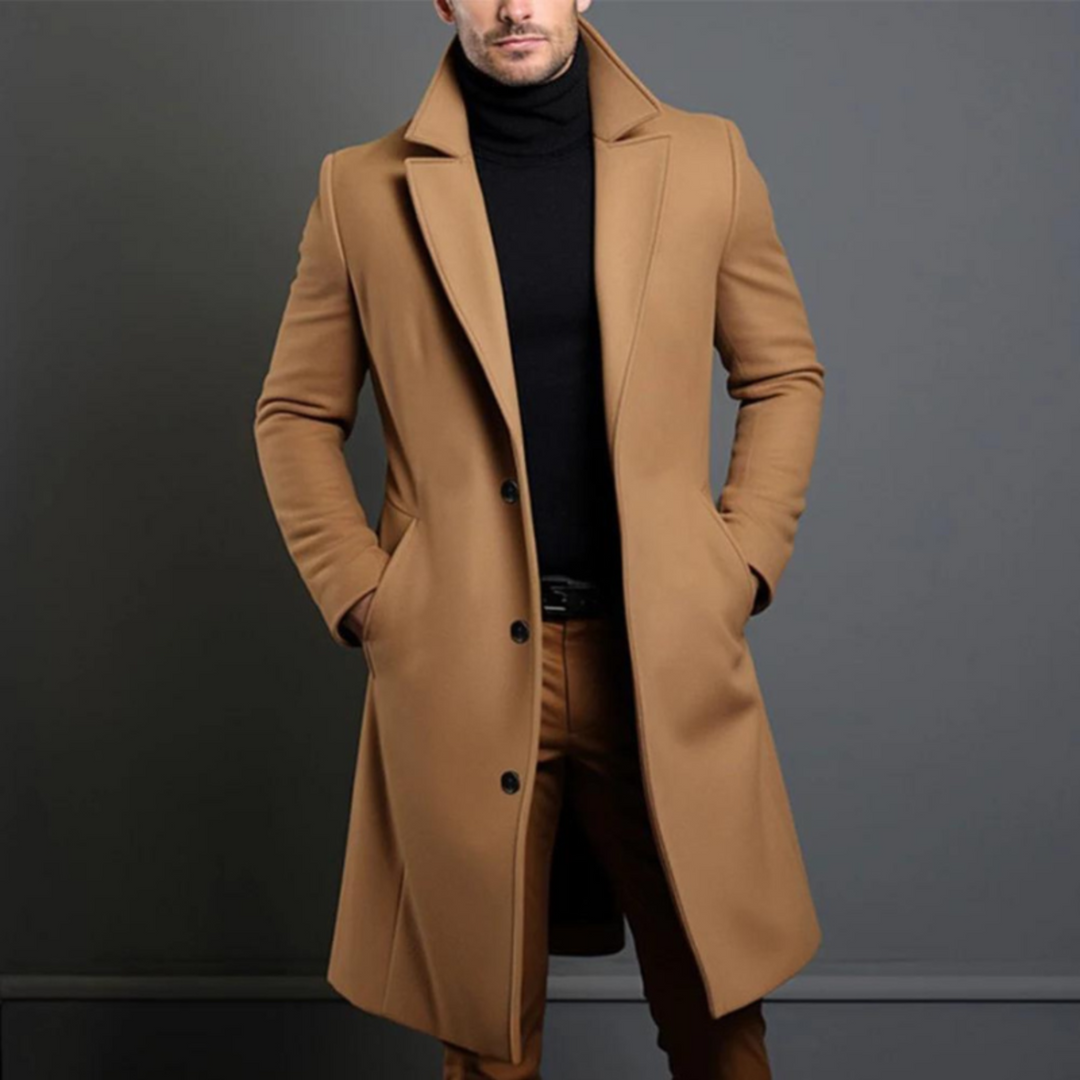 Tijdloze heren trenchcoat, elegant en veelzijdig voor zowel formele als casual winter outfits.
