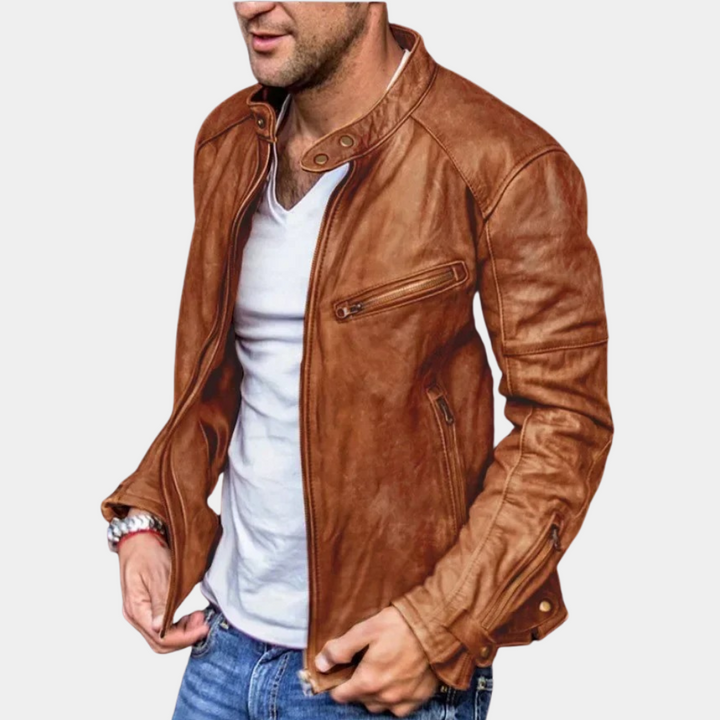 Heren leren jas zwart, weerbestendig en stijlvol, tijdloze elegantie, met handige zakken en waterafstotende coating.