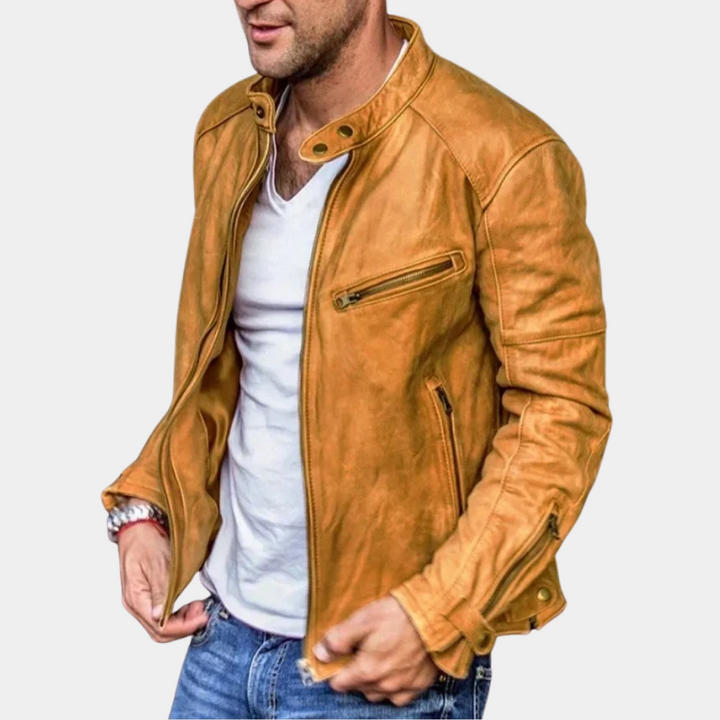 "Heren leren jack zwart, weerbestendig en stijlvol, tijdloze elegantie, met handige zakken en waterafstotende coating."