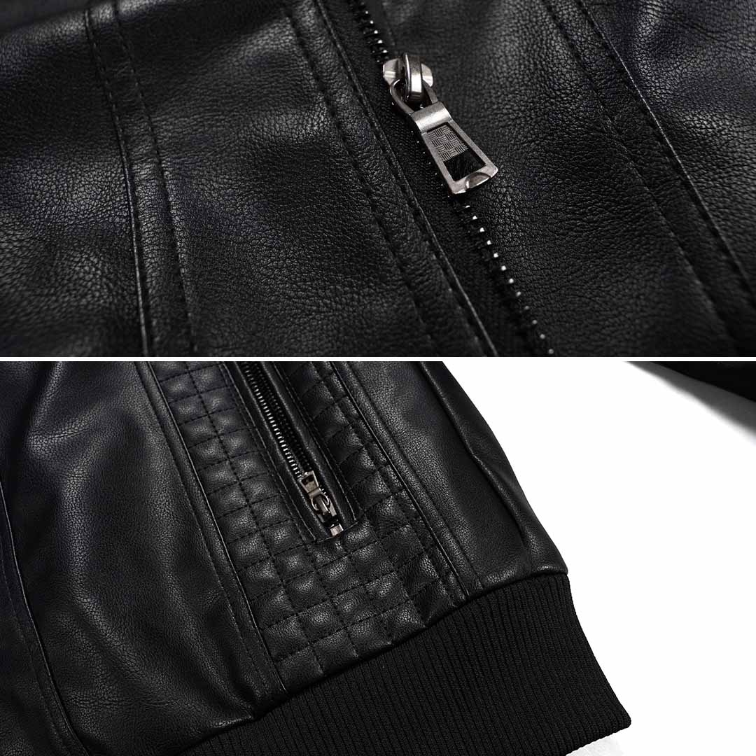 Stijlvol heren motorjack met capuchon, casual gedragen door model. Geschikt voor lente/herfst buiten.