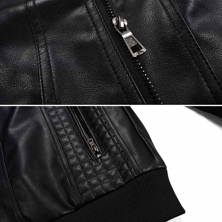Stijlvol heren motorjack met capuchon, casual gedragen door model. Geschikt voor lente/herfst buiten.