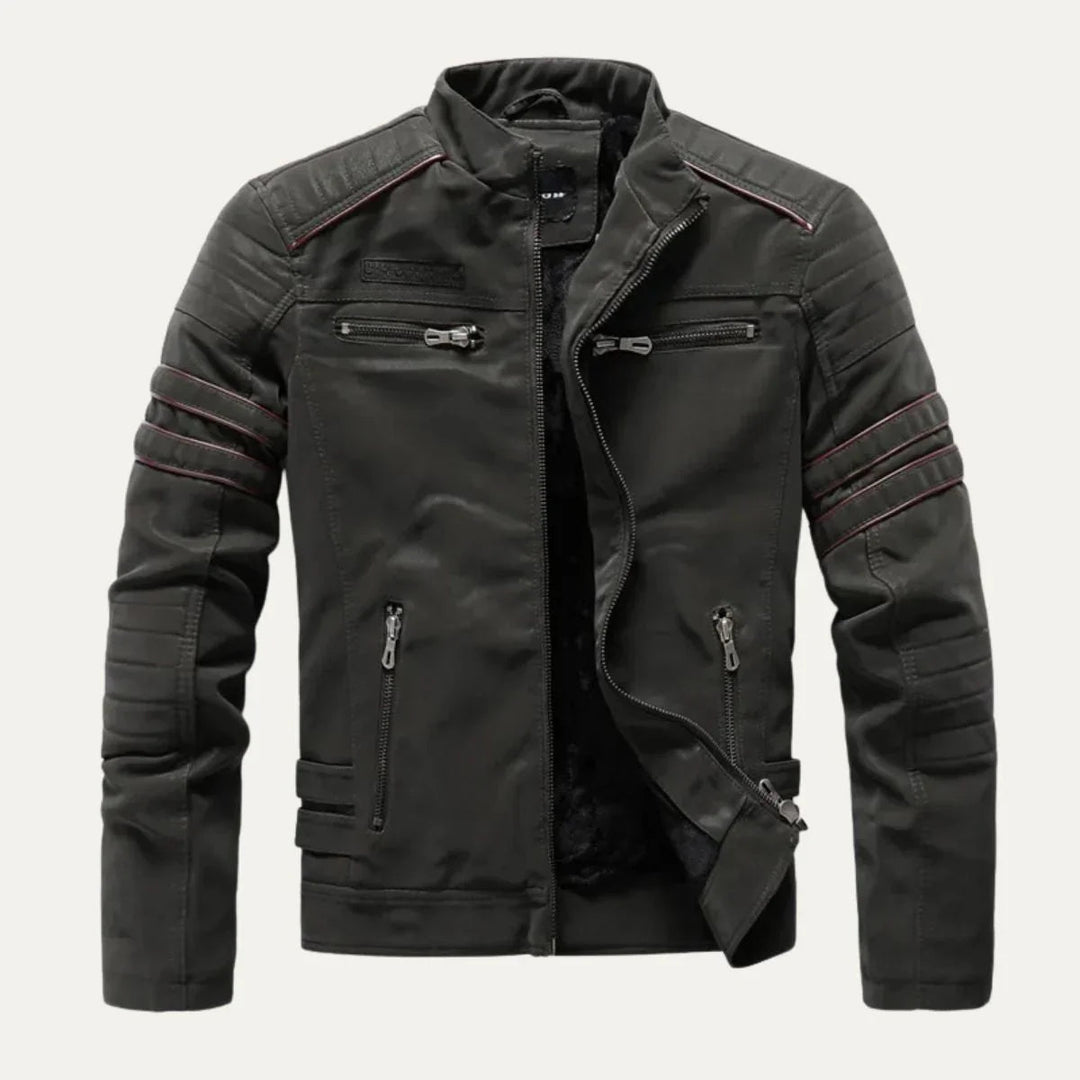 Mannelijk mid-season motorjack in vintage look. Comfortabel herenjack met opstaande kraag, perfect voor casual stijl.