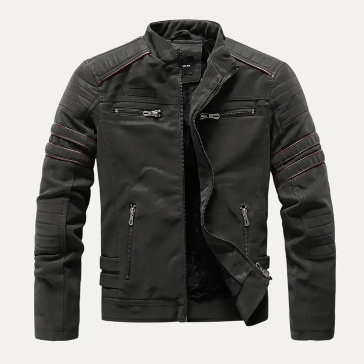 Mannelijk mid-season motorjack in vintage look. Comfortabel herenjack met opstaande kraag, perfect voor casual stijl.
