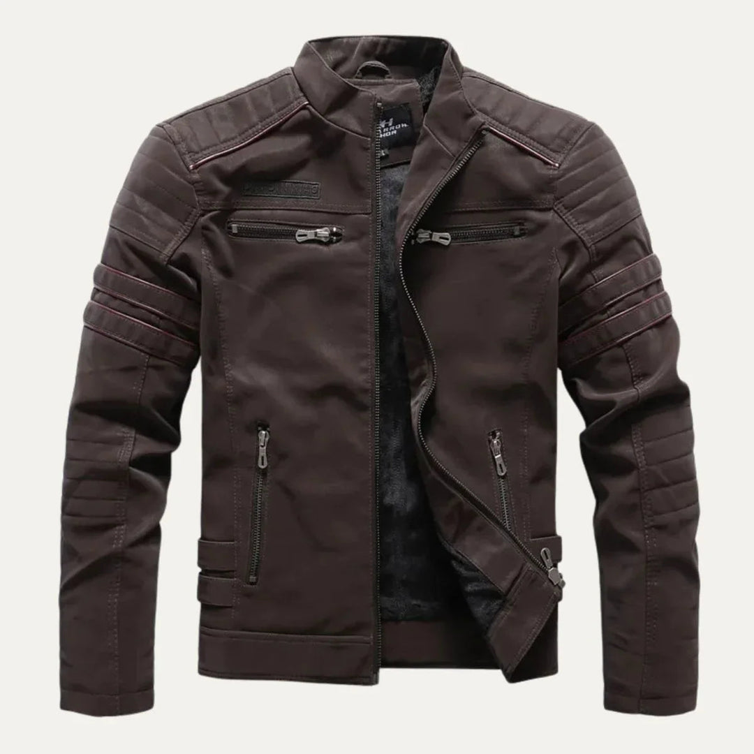 Robuuste heren motorjas, perfect voor herfstweer. Dit stoere jack met opstaande kraag combineert stijl en functionaliteit.