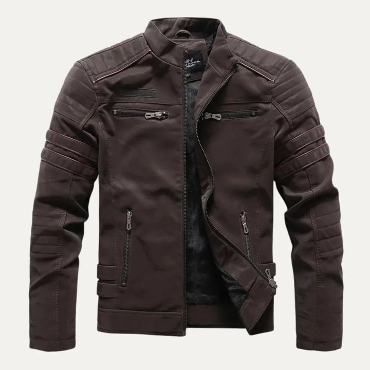 Robuuste heren motorjas, perfect voor herfstweer. Dit stoere jack met opstaande kraag combineert stijl en functionaliteit.