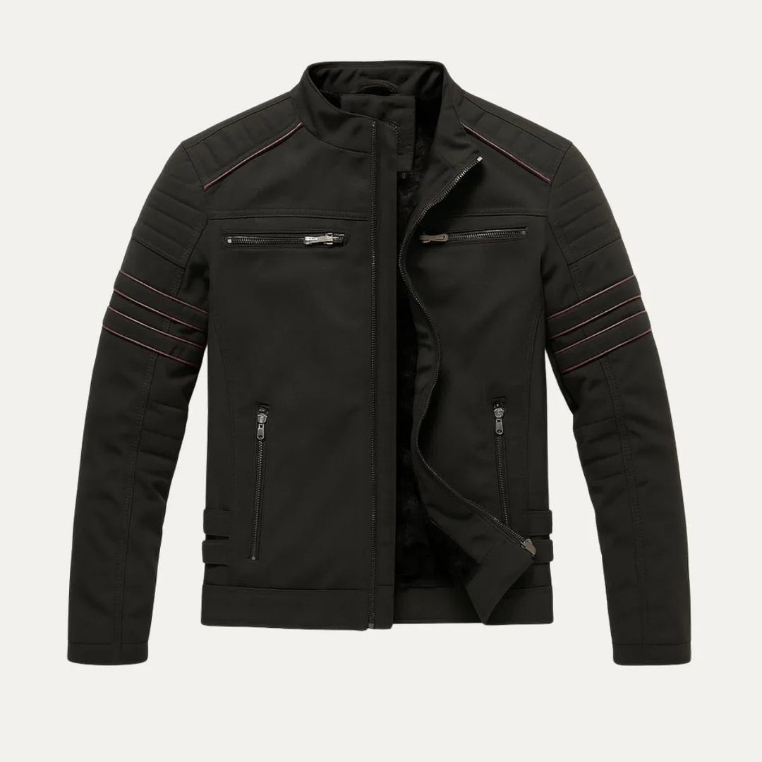 Modieuze heren motorjas met opstaande kraag. Een essentieel mode accessoire voor elke casual of motoroutfit.