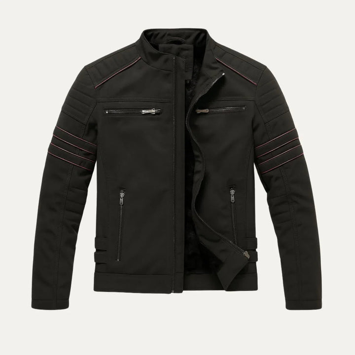 Modieuze heren motorjas met opstaande kraag. Een essentieel mode accessoire voor elke casual of motoroutfit.