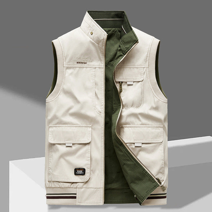 Heren omkeerbaar utility vest met veel zakken, perfect voor casual lente- en zomeroutfits; praktisch en mouwloos.