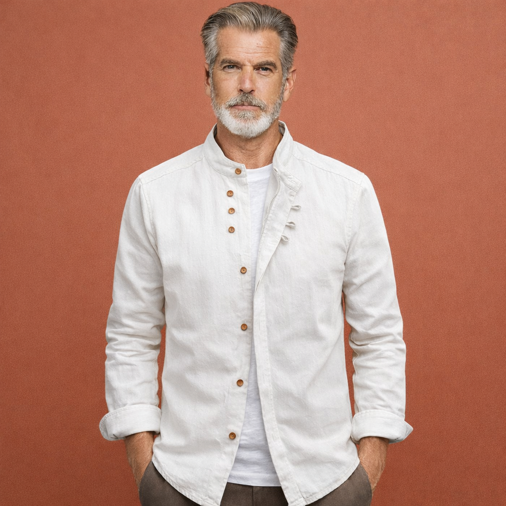 Stijlvol heren overhemd Japanse stijl met hoge kraag voor een moderne casual chic look, ideaal lente/zomer/herfst.