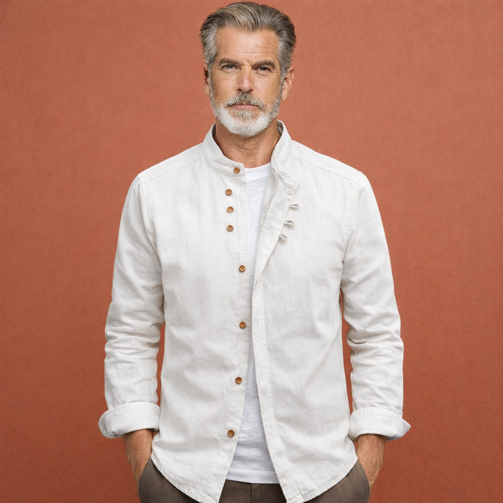 Stijlvol heren overhemd Japanse stijl met hoge kraag voor een moderne casual chic look, ideaal lente/zomer/herfst.