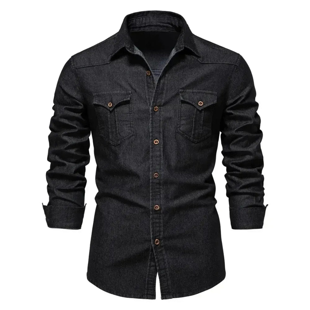 Formeel heren overhemd met lange mouwen en knoopsluiting. Robuuste blouse voor zakelijke en nette gelegenheden.