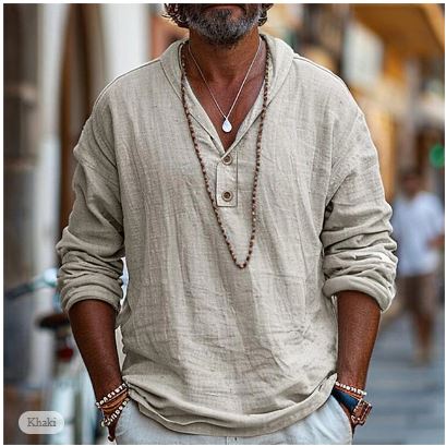Modern heren shirt, lange mouwen, staande kraag met V-hals effect. Perfect voor een relaxte look.