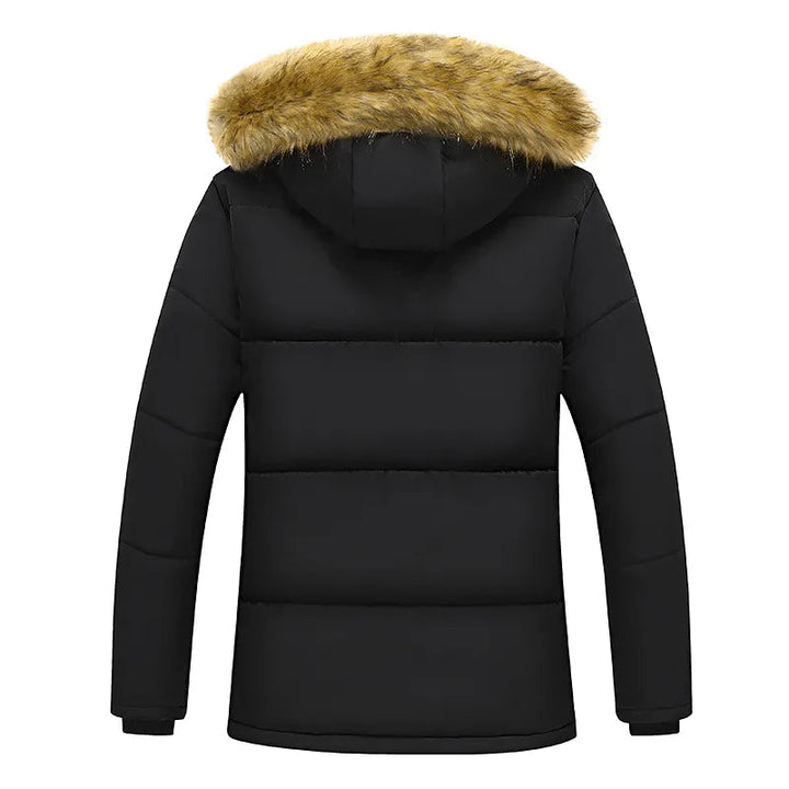 Heren parka winterjas open, toont warme voering en capuchon. Waterafstotende buitenkleding voor koud weer.