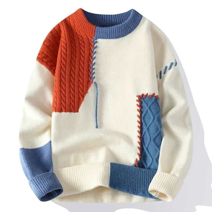 Heren patchwork sweater, losse pasvorm, groen, rood, grijs. Comfortabele en trendy trui voor casual herfst- en wintermode.