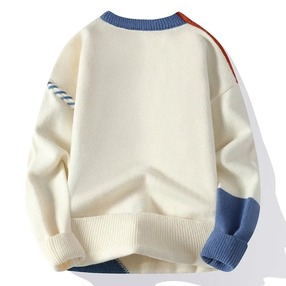 Stijlvolle herensweater met uniek patchwork design. Ideaal voor herenkleding, comfortabel en warm in herfst en winter.