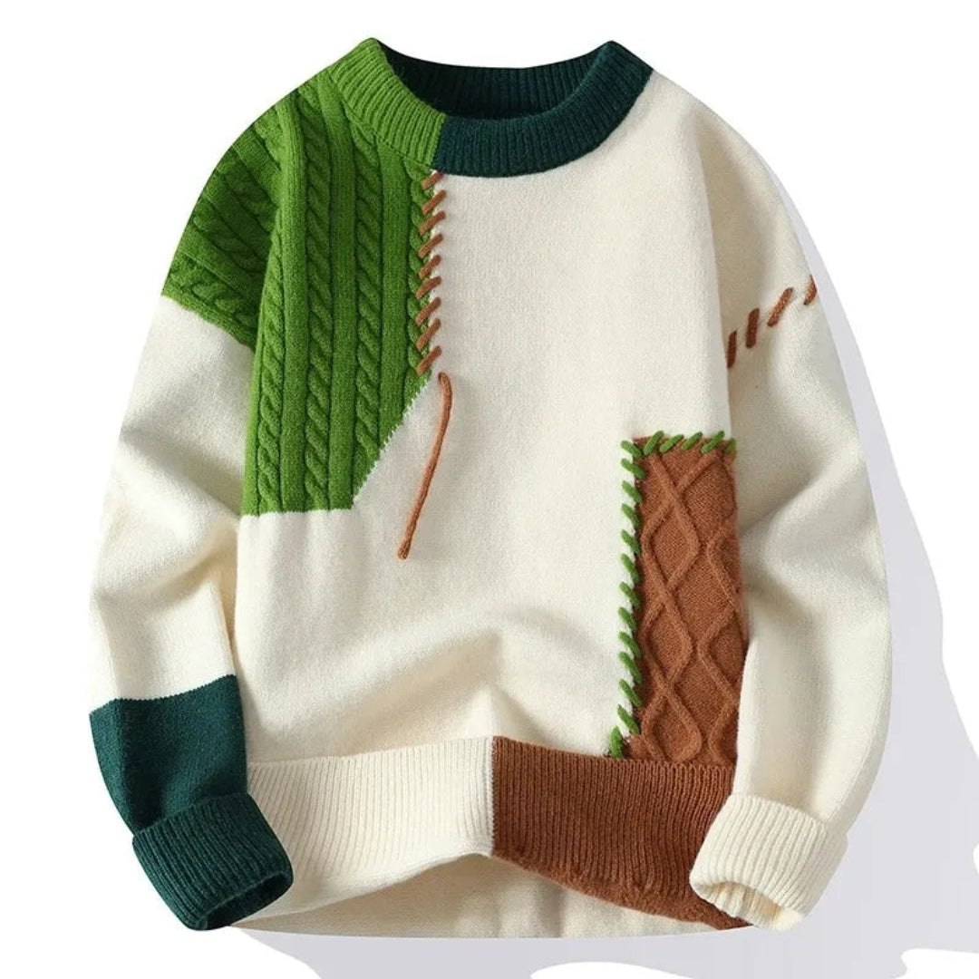 Trendy heren trui met groen, rood, grijs patchwork. Losse pasvorm, comfortabel en stijlvol voor elke casual gelegenheid.