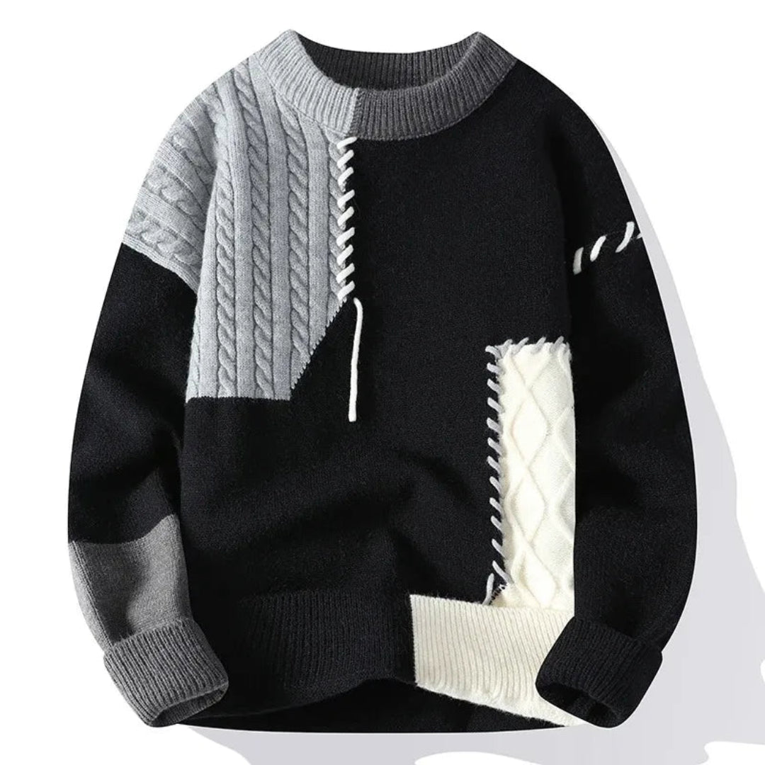 Comfortabele heren patchwork sweater met losse pasvorm. Veelzijdige trui voor herfstmode, wintermode en casual herenkleding.
