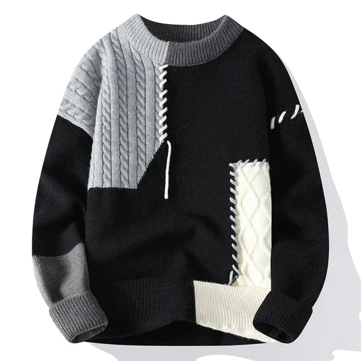 Comfortabele heren patchwork sweater met losse pasvorm. Veelzijdige trui voor herfstmode, wintermode en casual herenkleding.