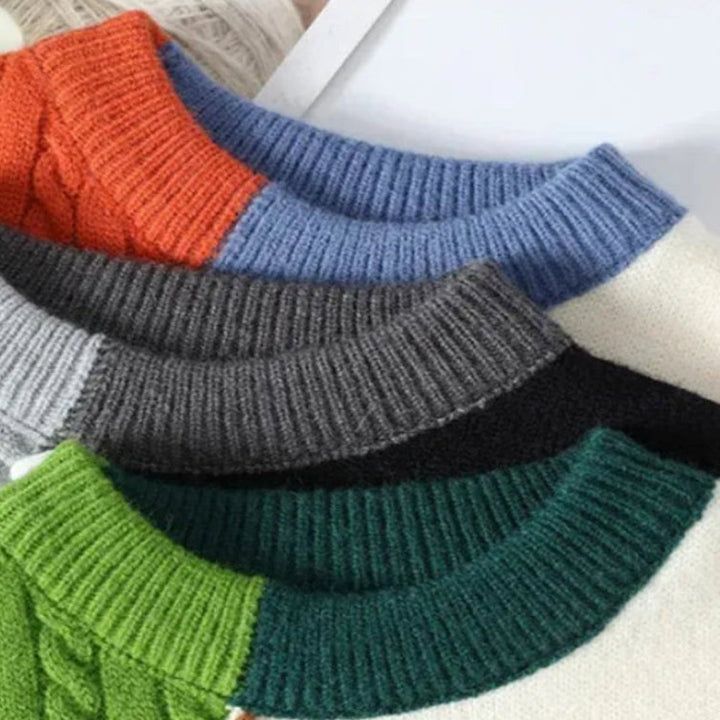 Warme herensweater met modern patchwork patroon. Deze trendy trui is perfect voor stijlvolle en comfortabele herenkleding.
