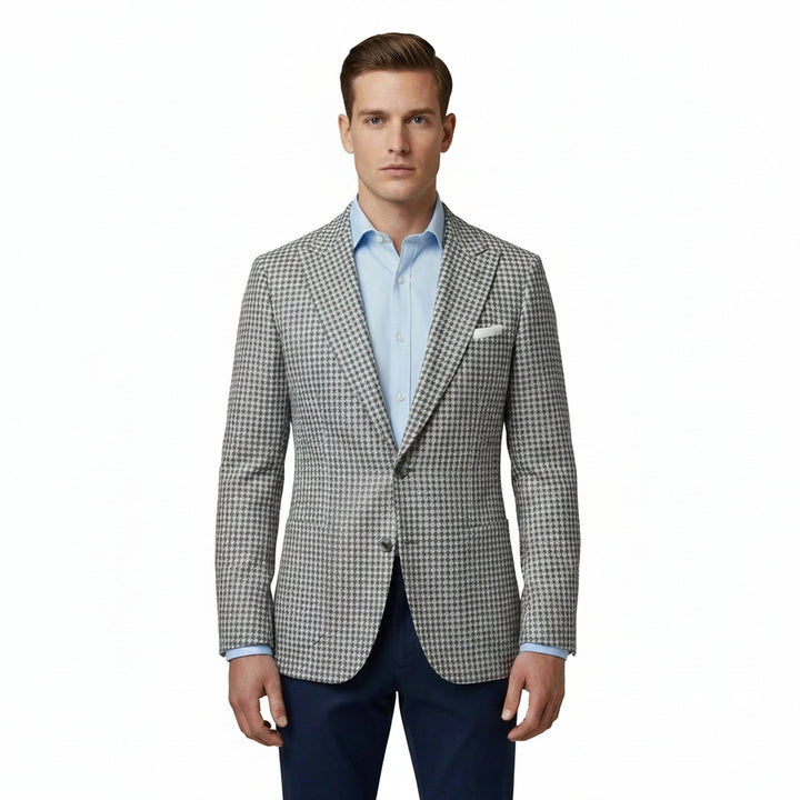 Heren pied-de-poule blazer met klassieke revers in roze, grijs, wit. Ideaal voor zakelijke en smart casual look.