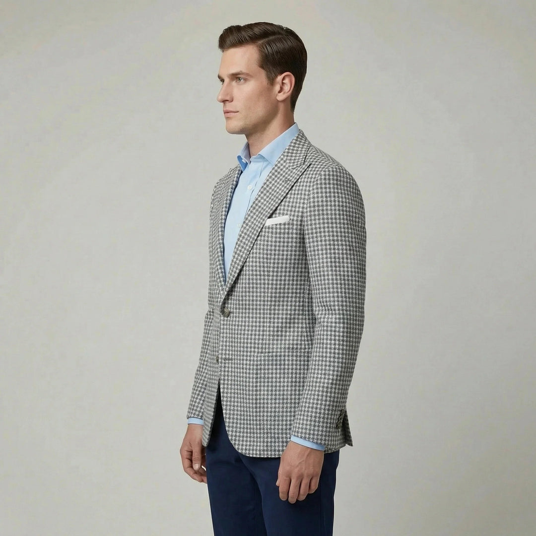 Trendy herenmode blazer met pied-de-poule patroon. Smart casual colbert voor een moderne, stijlvolle uitstraling.