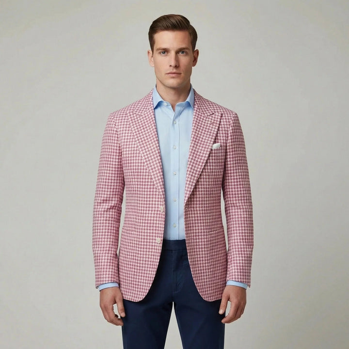 Roze, grijs, wit heren pied-de-poule blazer met klassieke revers. Perfect colbert voor diverse zakelijke settings.