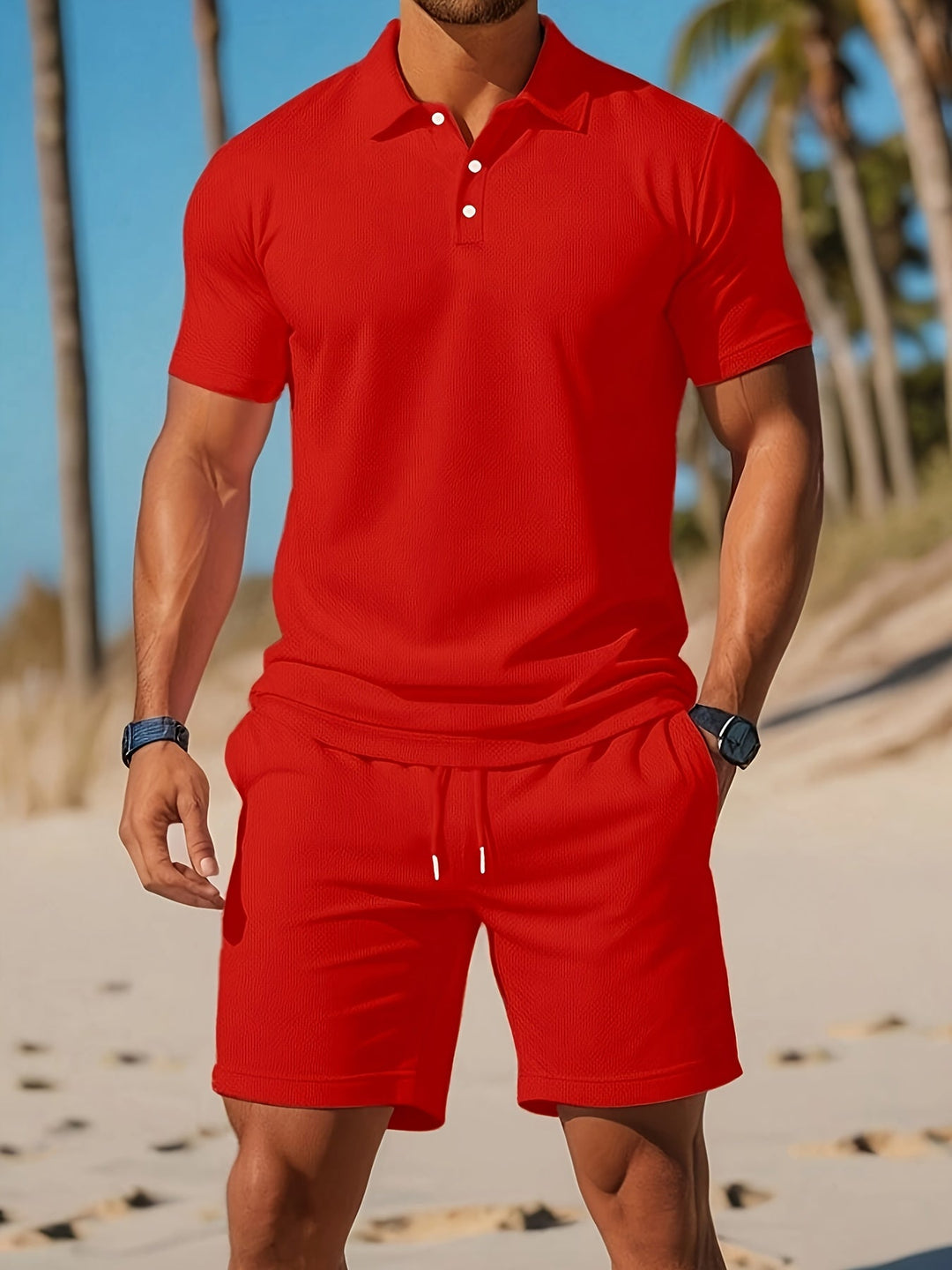 Stijlvolle heren zomerset: effen polo en korte broek. Een comfortabele en casual twopiece outfit.
