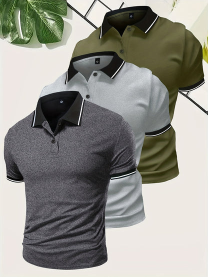 "Heren polo shirt set in effen kleuren grijs, zwart, en wit, lichtgewicht en ademend voor comfort en stijl."