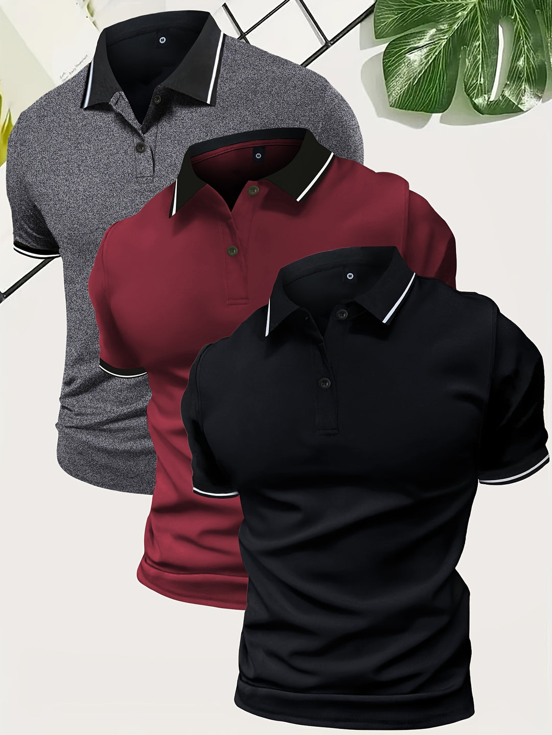 "Heren polo shirt set in effen kleuren grijs, zwart, en wit, lichtgewicht en ademend voor comfort en stijl."